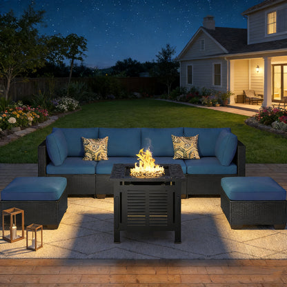 YODOLLA 7 Piece Outdoor Patio Furniture Set with 30 Inch Fire Pit Table, Black Rattan Dark Blue Cushion