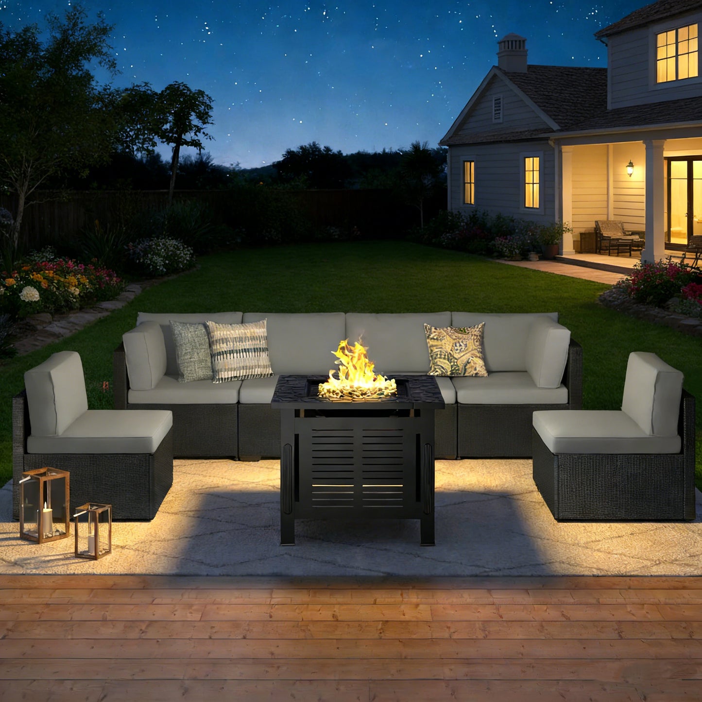 YODOLLA 7 Piece Outdoor Patio Furniture Set with 30 Inch Fire Pit Table, Black Rattan Dark Gray Cushion