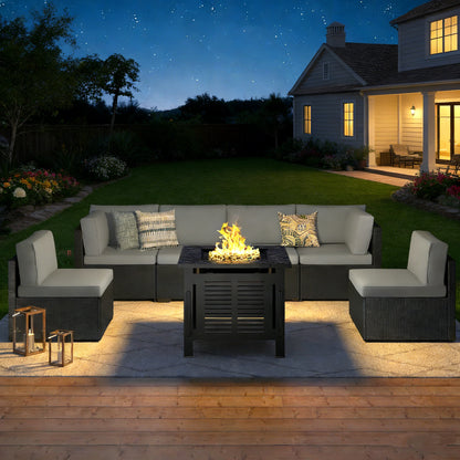 YODOLLA 7 Piece Outdoor Patio Furniture Set with 30 Inch Fire Pit Table, Black Rattan Dark Gray Cushion