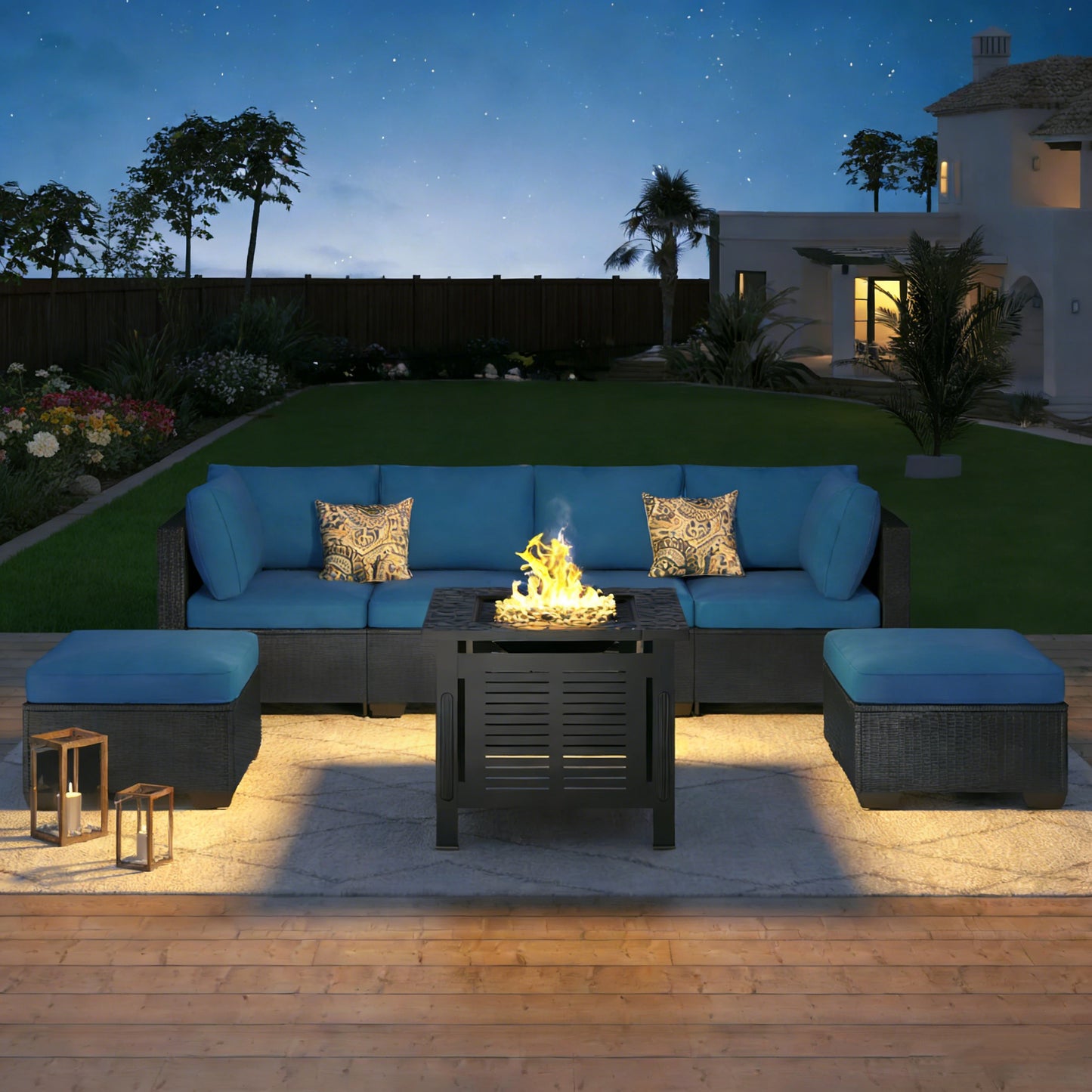YODOLLA 7 Piece Outdoor Patio Furniture Set with 30 Inch Fire Pit Table, Black Rattan Peacock Blue Cushion