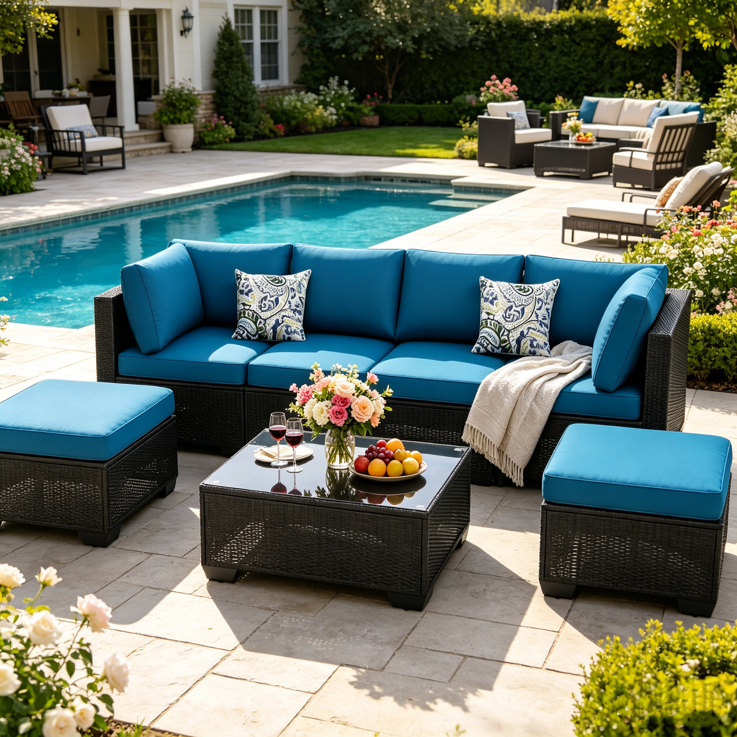 YODOLLA 7 Piece Outdoor Patio Furniture Set, Black & Peacok Blue
