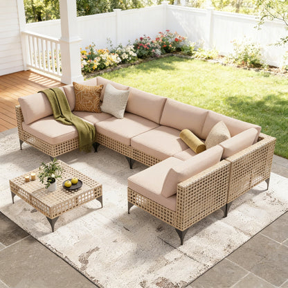 YODOLLA 7-Piece Outdoor Sofa Set, Beige Rattan & Cushions