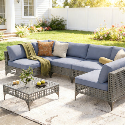 YODOLLA 7-Piece Outdoor Sofa Set, Grey Rattan & Blue Cushions