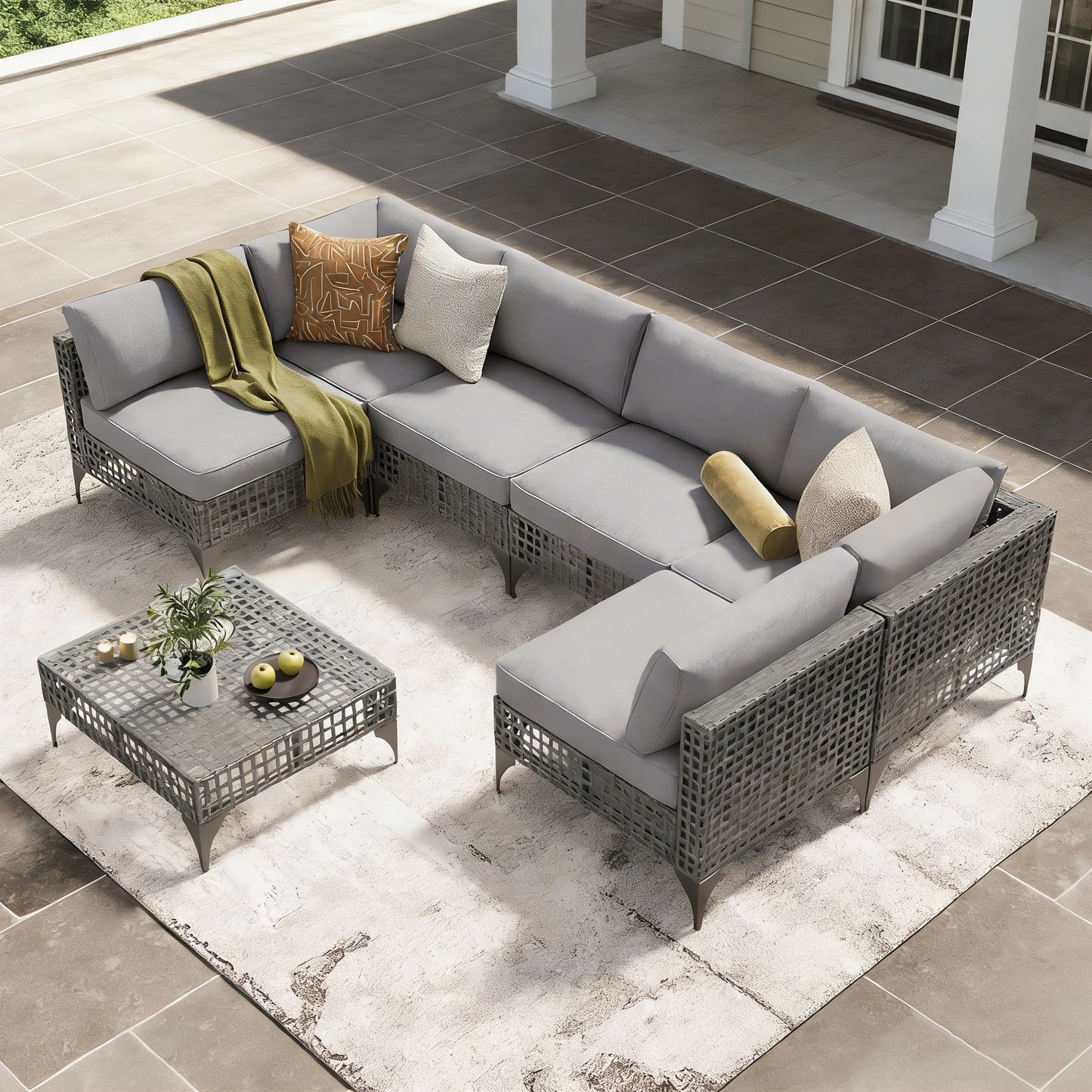 YODOLLA 7-Piece Outdoor Sofa Set, Gray Rattan & Grey Cushions