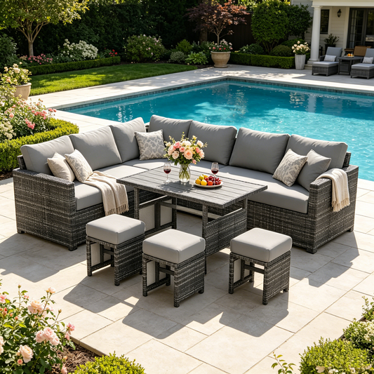 YODOLLA 7-Pc Patio Set, Grey Rattan & Grey Cushion