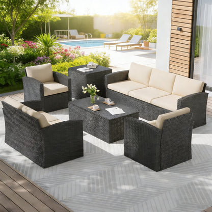 YODOLLA 7 PCS Outdoor Patio Furniture Sets with 2 Storage Boxes, Black & Beige