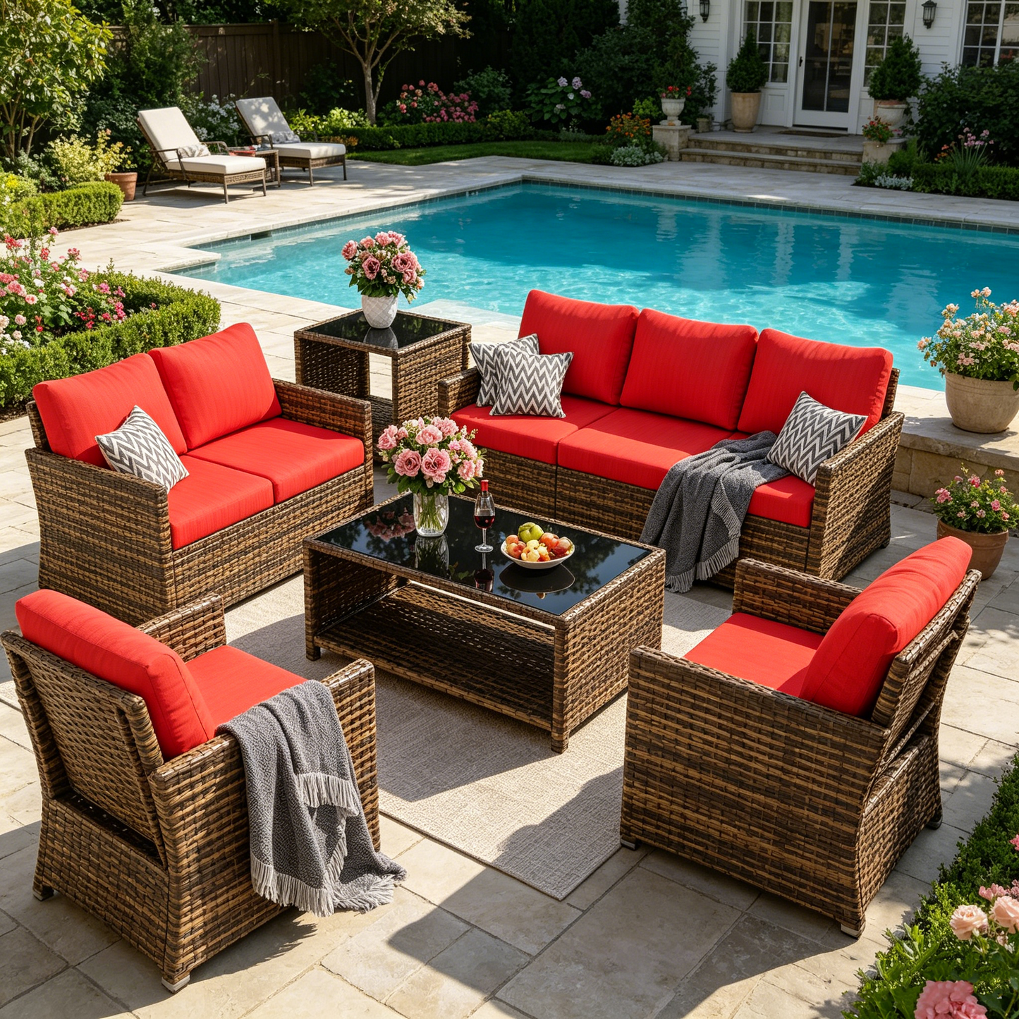 YODOLLA Patio Furniture Set with Two Table 7 PCS Outdoor Furniture, Brown Ranttan Red Cushion