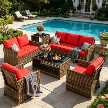 YODOLLA Patio Furniture Set with Two Table 7 PCS Outdoor Furniture, Brown Ranttan Red Cushion