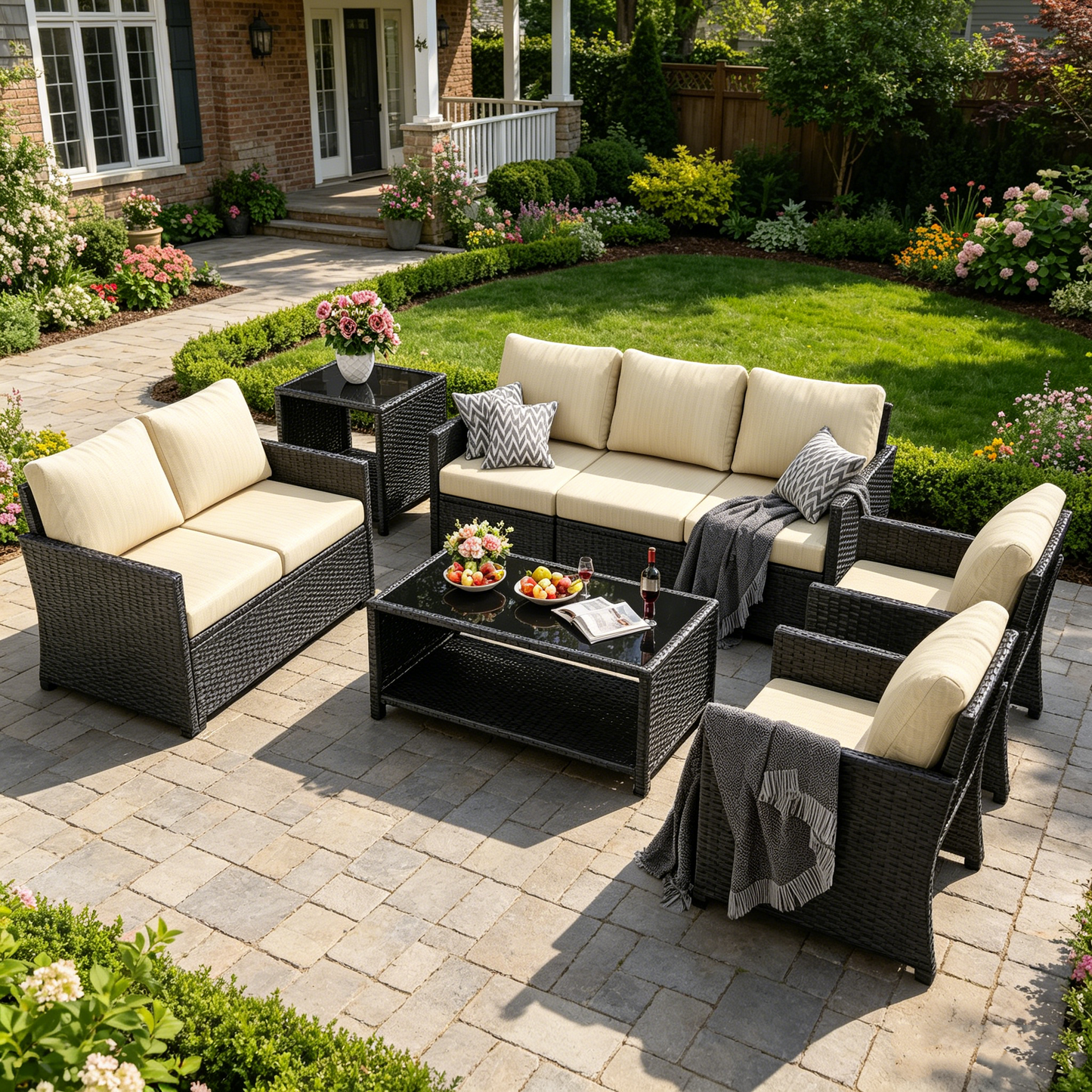 YODOLLA Patio Furniture Set with Two Table 7 PCS Outdoor Furniture, Black Ranttan Beige Cushion