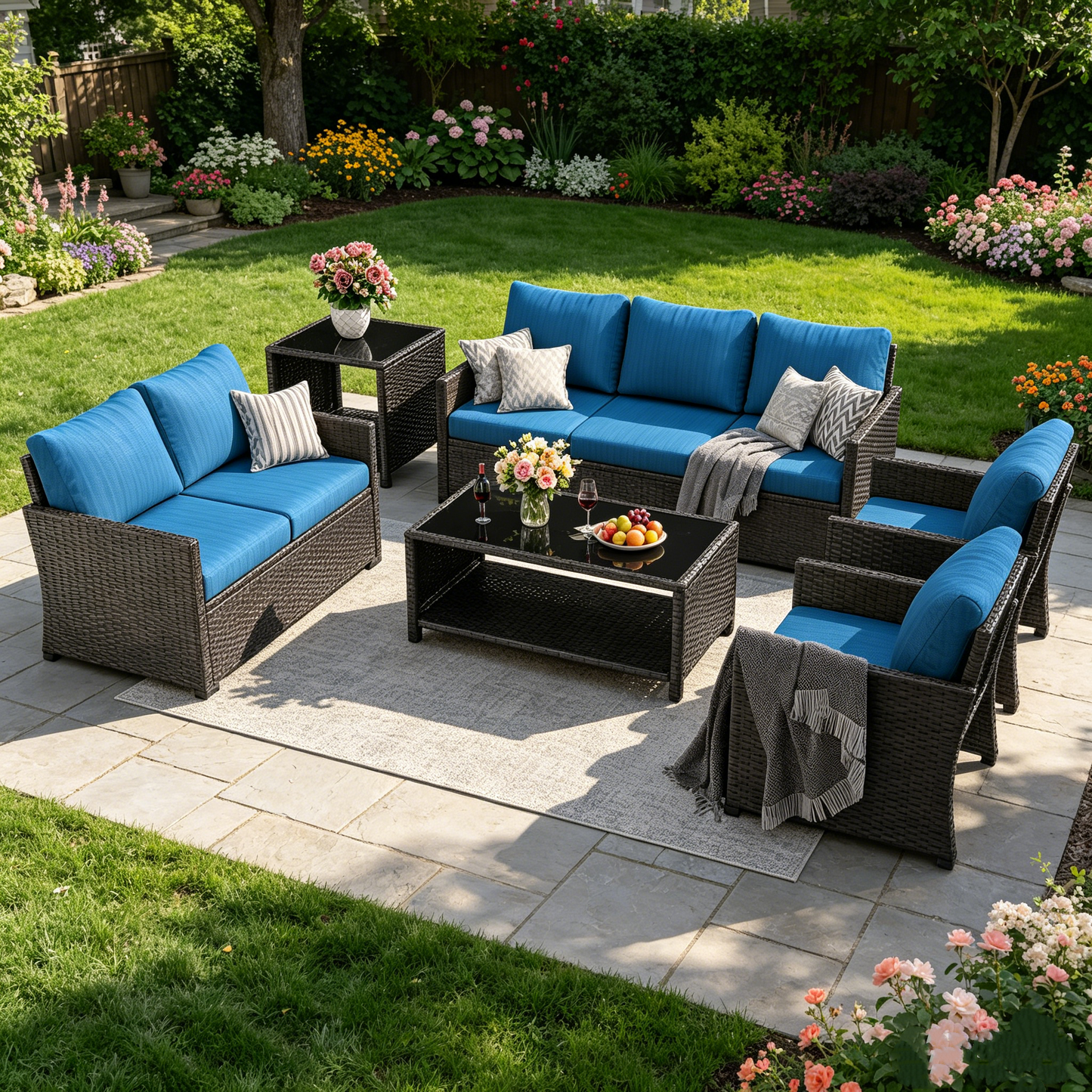 YODOLLA Patio Furniture Set with Two Table 7 PCS Outdoor Furniture, Black Ranttan Blue Cushion