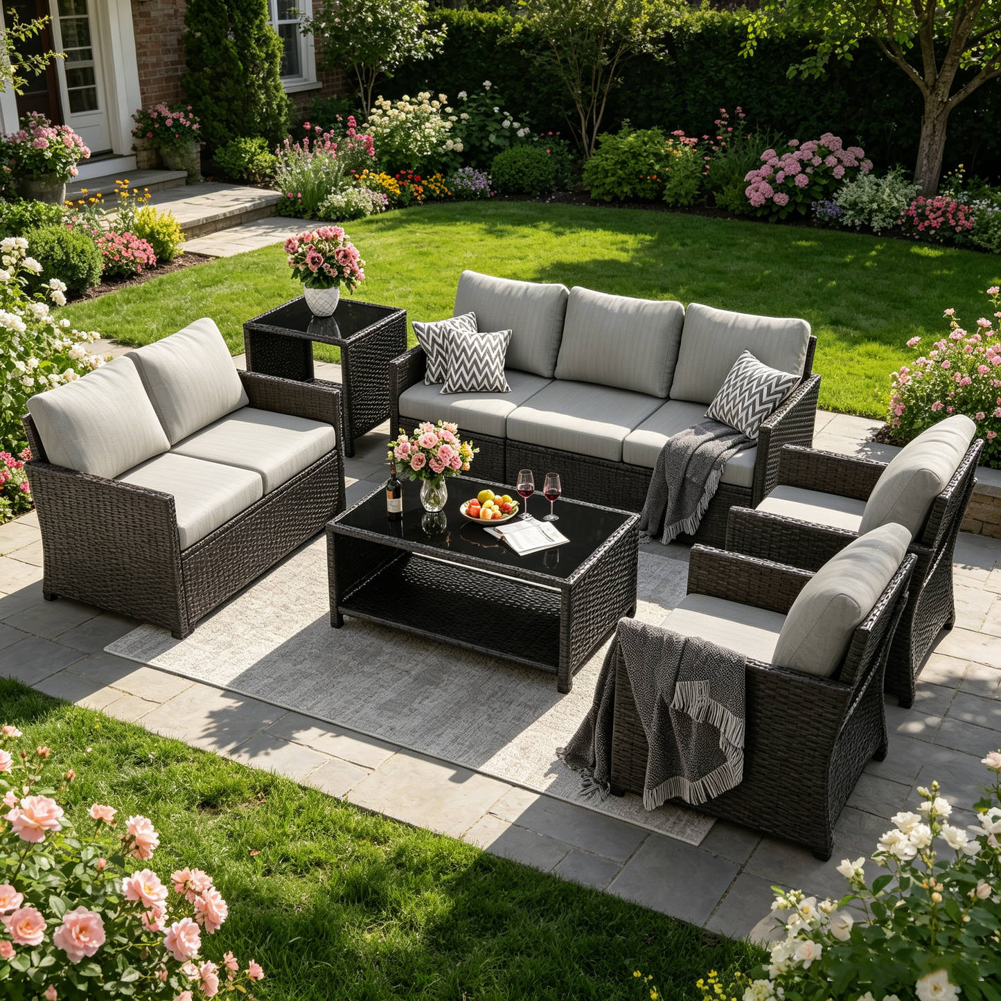 YODOLLA Patio Furniture Set with Two Table 7 PCS Outdoor Furniture, Black Ranttan Gray Cushion