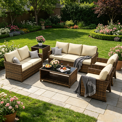 YODOLLA Patio Furniture Set with Two Table 7 PCS Outdoor Furniture, Brown Ranttan Beige Cushion