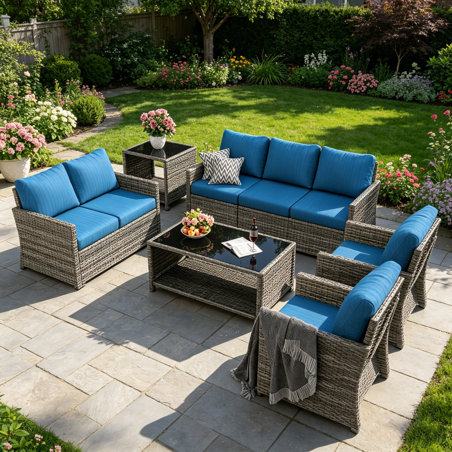YODOLLA Patio Furniture Set with Two Table 7 PCS Outdoor Furniture, Gray Ranttan Blue Cushion