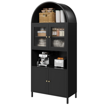 YODOLLA 73" Kitchen Pantry, Metal Arched Cabinet with Glass Door & Adjustable Shelves