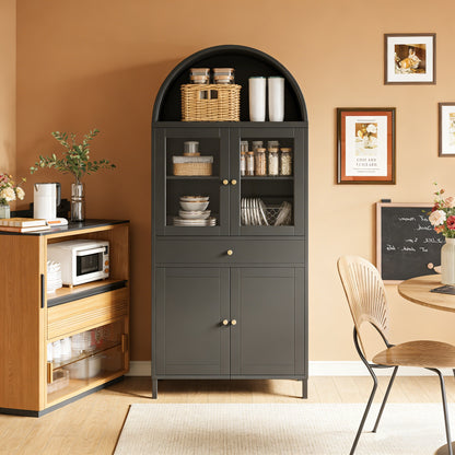 YODOLLA 73'' Kitchen Pantry, Metal Arched Storage Cabinet with Glass Doors/Adjustable Shelfs/Drawer