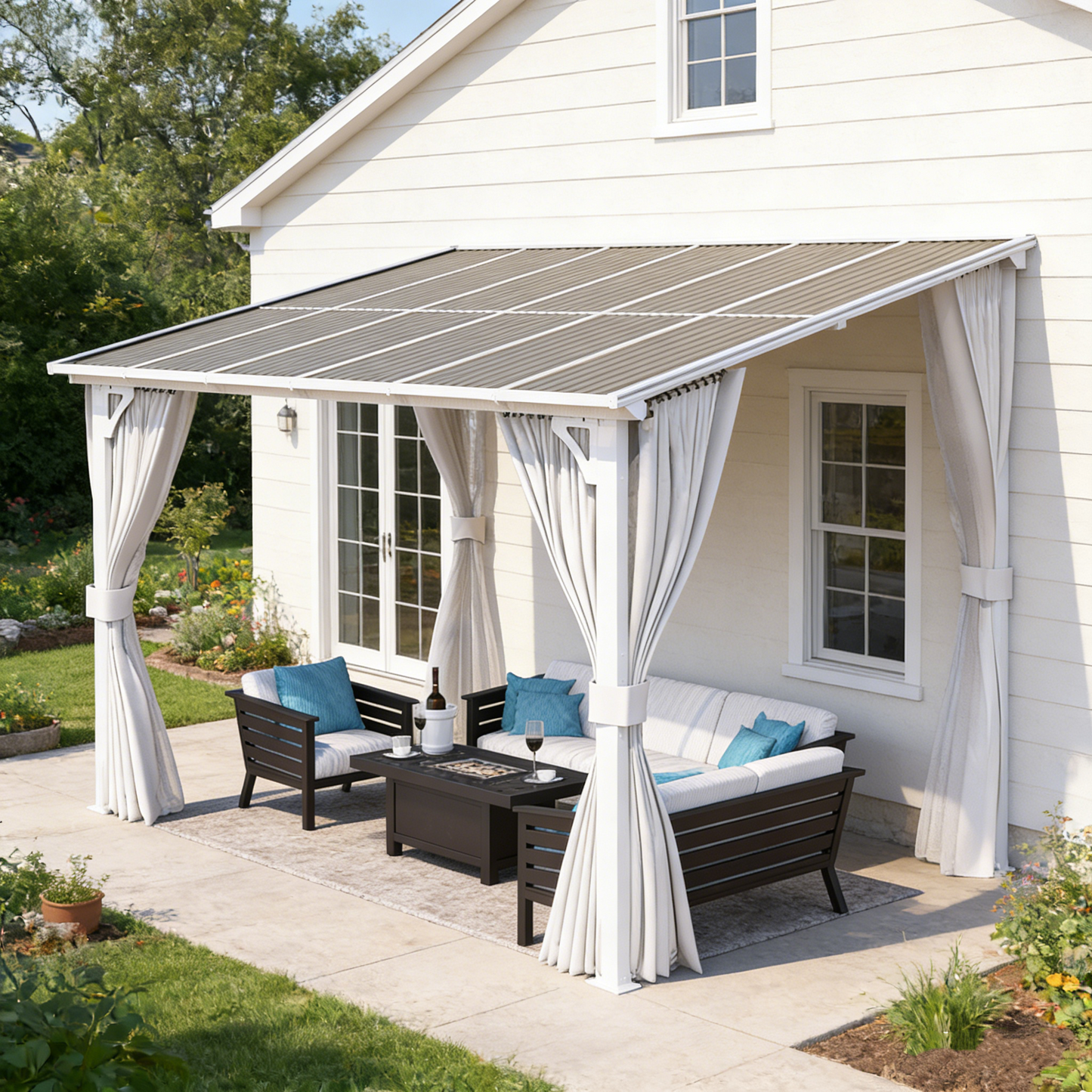 YODOLLA 12'x10' Outdoor Lean to Gazebo Pergola with Curtain and Netting for Patio, White