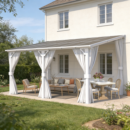 YODOLLA 14'x10' Outdoor Lean to Gazebo Pergola with Curtain and Netting for Patio, White