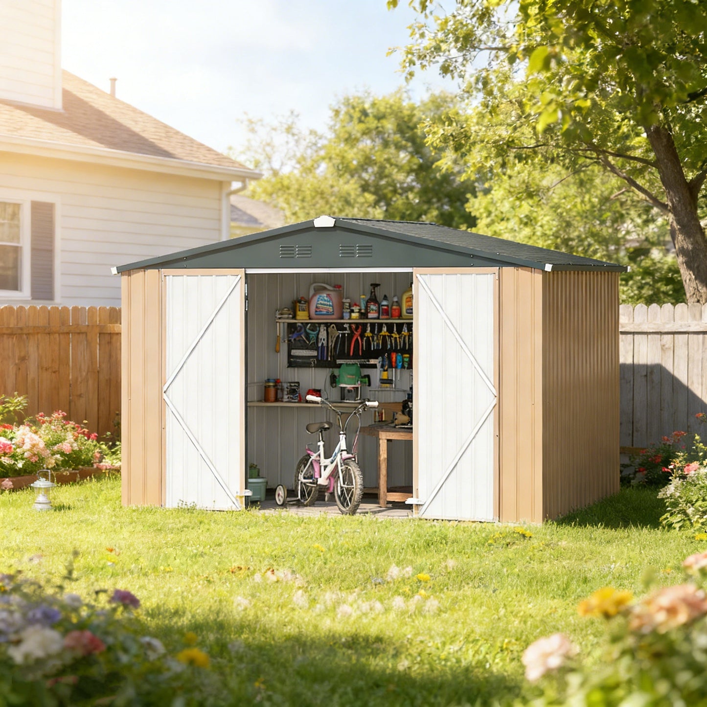 YODOLLA Shed 8' x 10' Outdoor Storage Metal Shed, Brown