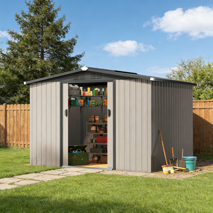 YODOLLA 8 x 6 Ft Outdoor Storage Tool Shed with Sliding Door, Gray