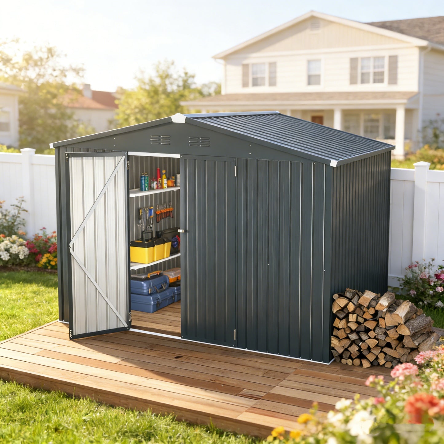 YODOLLA 10'x10' Metal Storage Shed, Dark Grey