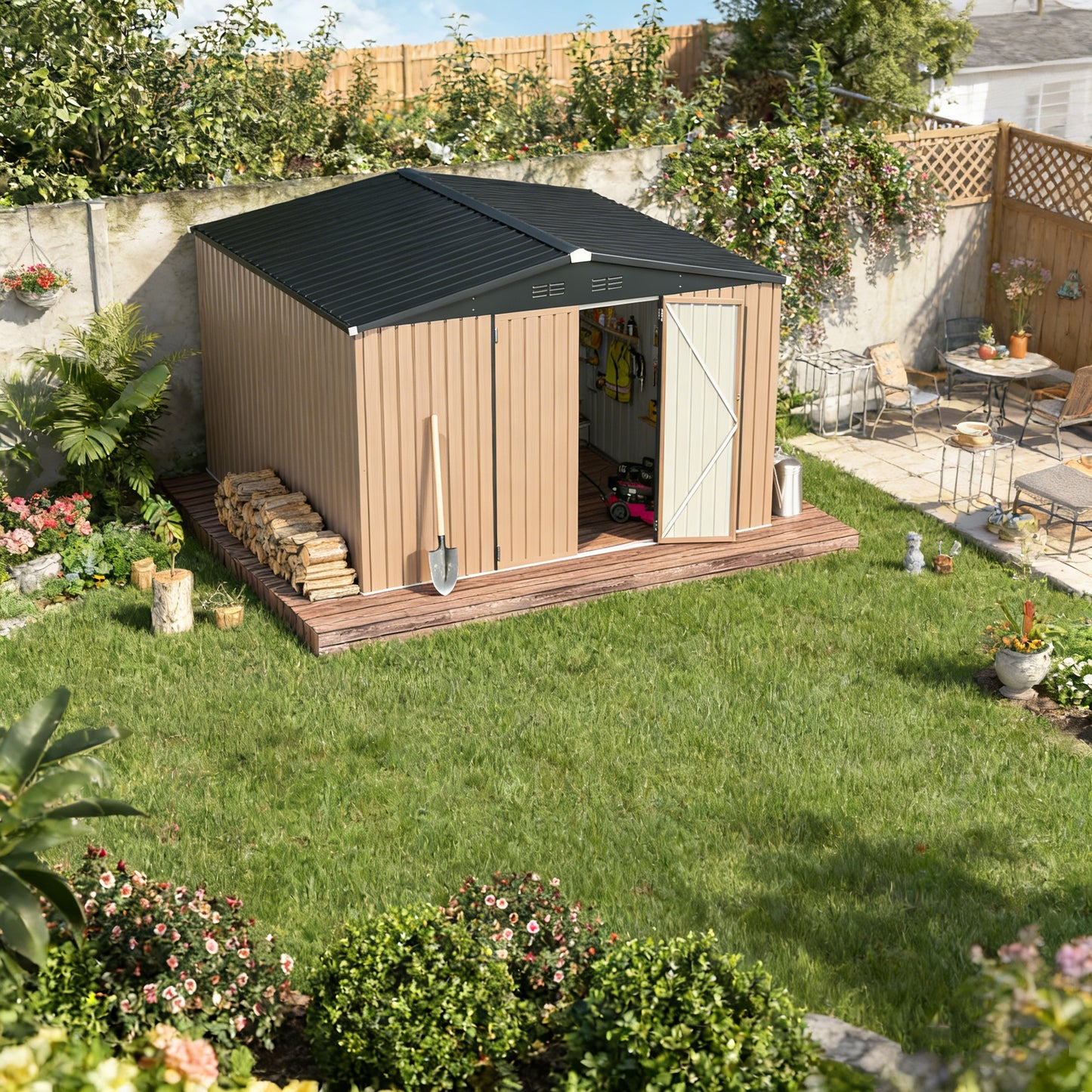 YODOLLA 10' x 10' Shed Outdoor Storage Shed with Lockable Doors, Grey