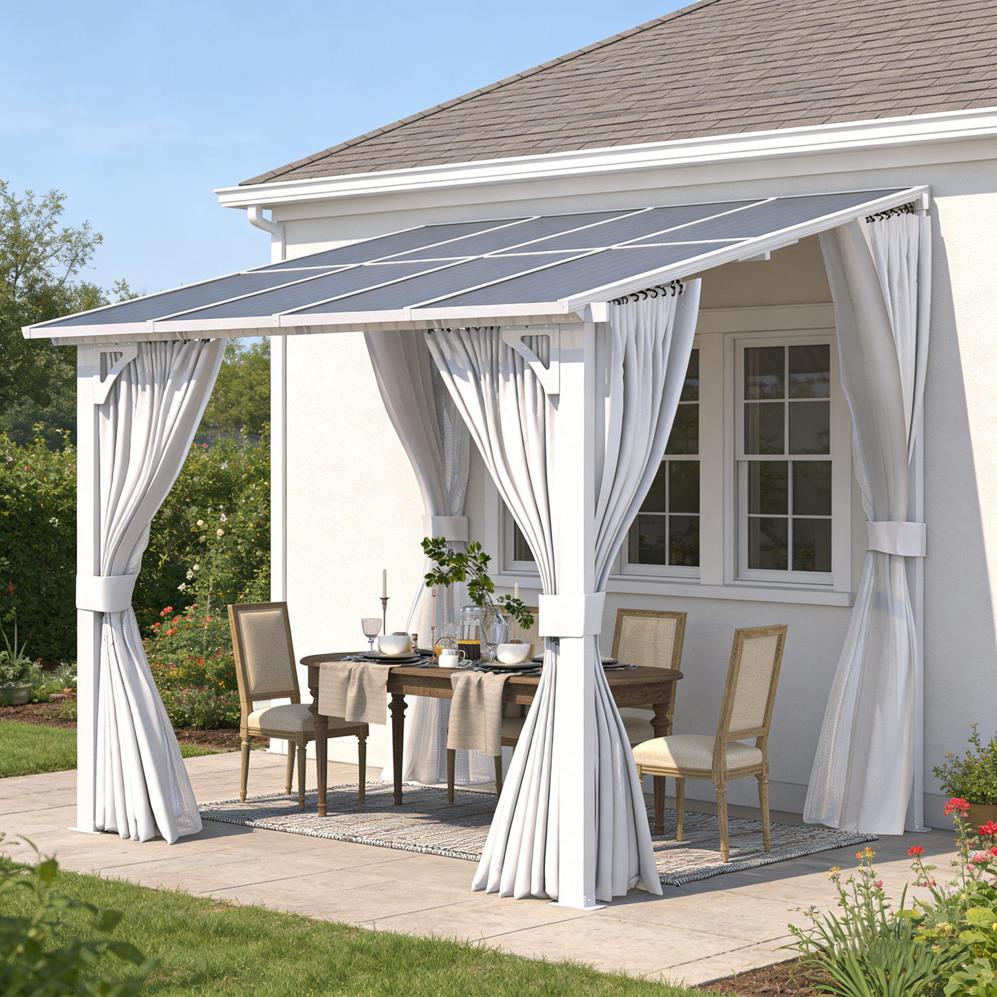 YODOLLA 8'x8' Outdoor Lean to Gazebo Pergola with Curtain and Netting for Patio, White