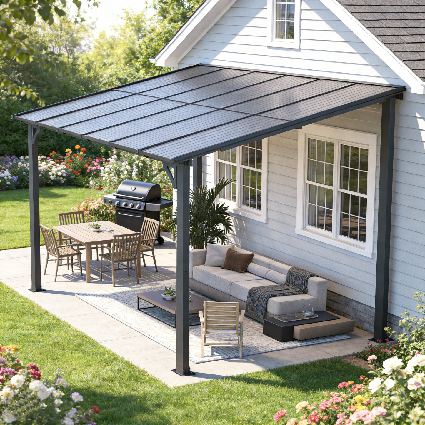 YODOLLA 12' x 8' Hard Top Lean to Gazebo Outdoor Pergola, Dark Gray