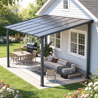 YODOLLA 12' x 8' Hard Top Lean to Gazebo Outdoor Pergola, Dark Gray