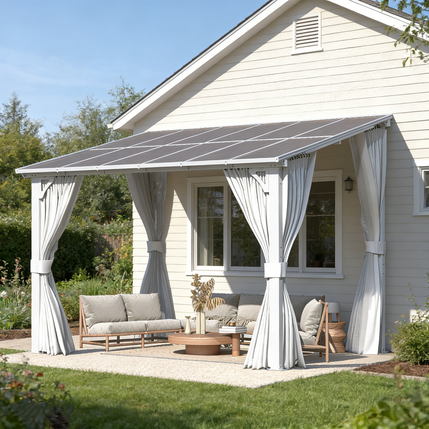 YODOLLA 12'x8' Outdoor Lean to Gazebo Pergola with Curtain and Netting for Patio, White
