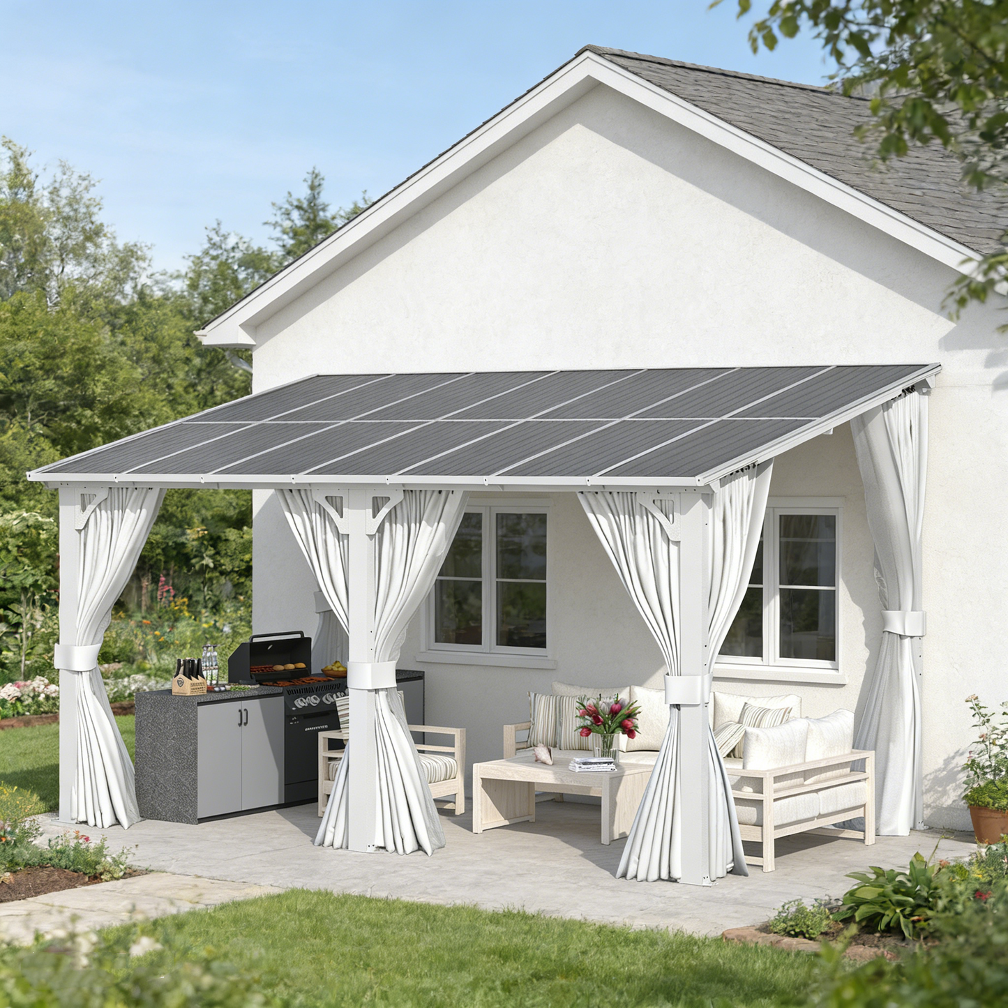 YODOLLA 14'x8' Outdoor Lean to Gazebo Pergola with Curtain and Netting for Patio, White