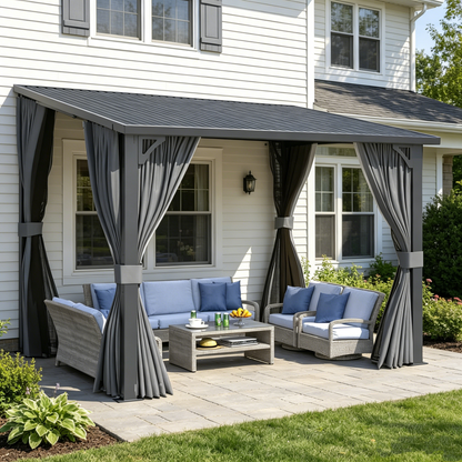 YODOLLA 2.4x2.4m Lean-to Gazebo with Curtains and Mosquito Netting