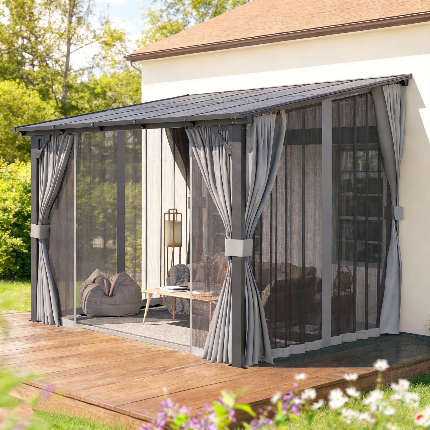 YODOLLA 10’ x 10’ Wall-Mounted Lean to Pergola Gazebo with Curtains and Netting