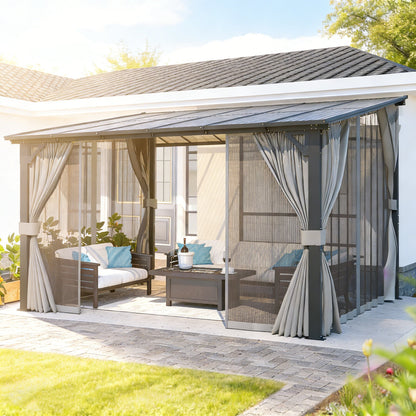 YODOLLA 12’ x 10’ Wall-Mounted Lean to Pergola Gazebo with Curtains and Netting