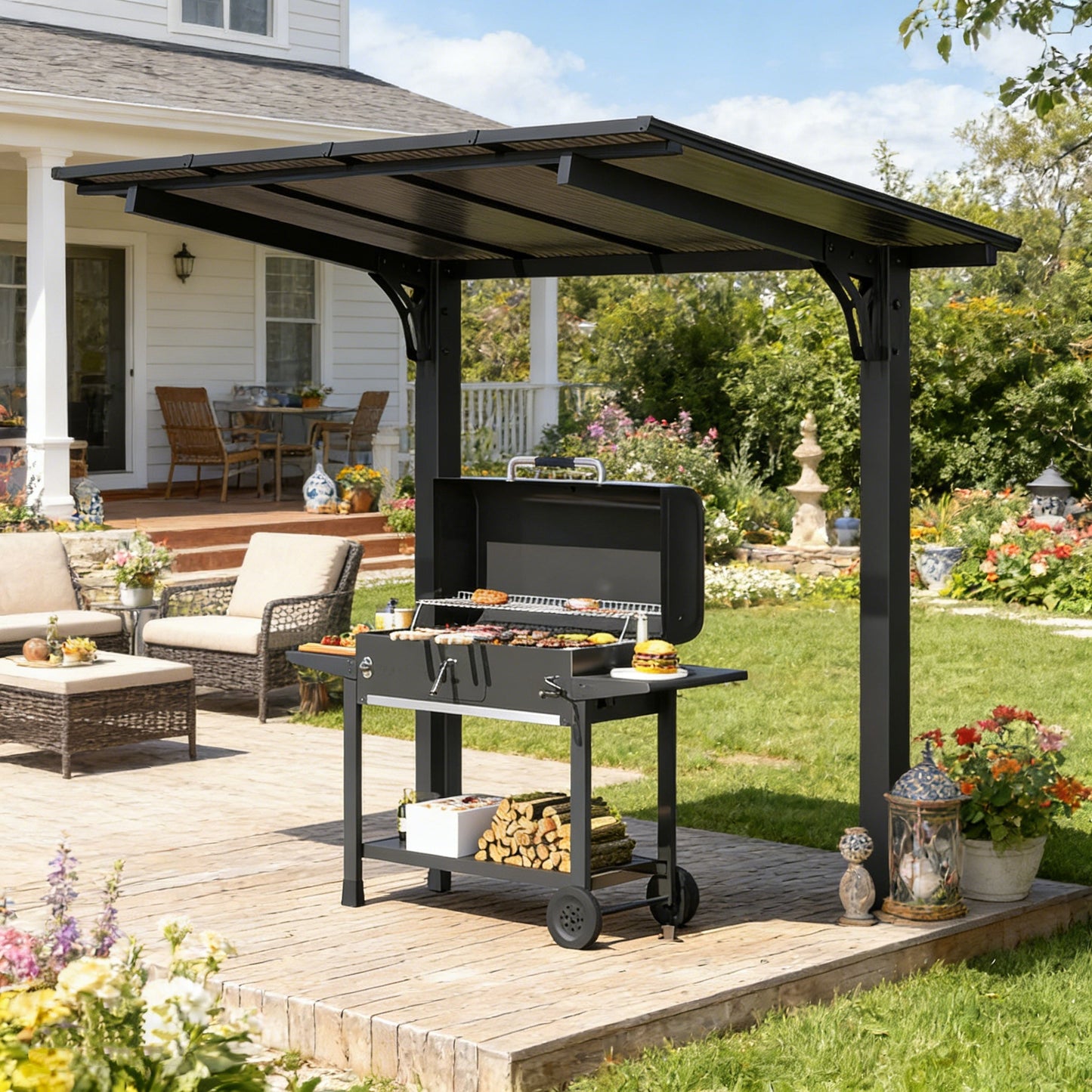 YODOLLA 8' x 5' Hardtop Pergola, Wall-Mounted Grill Gazebo & Carport for Patio, Deck & Outdoor Use