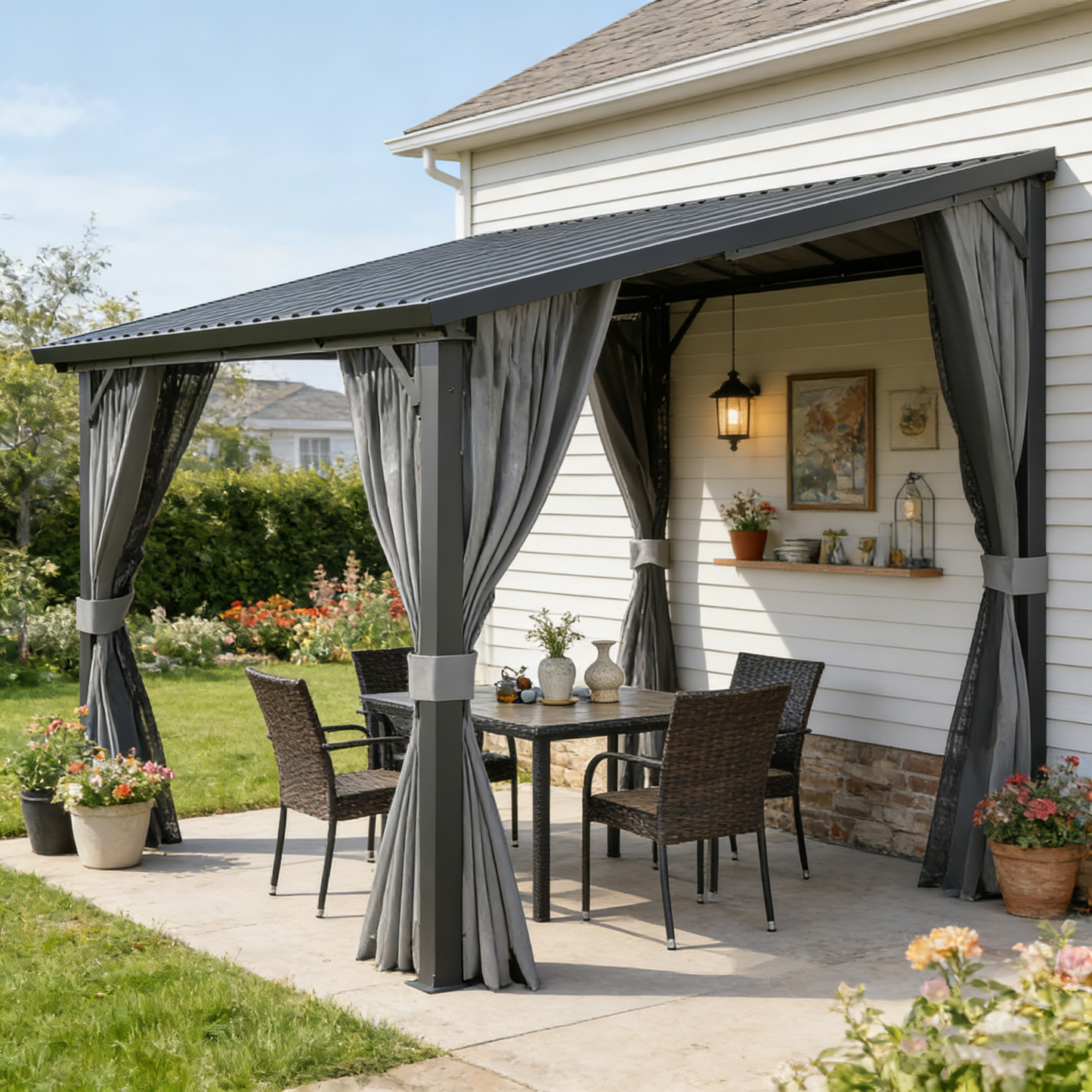 YODOLLA 12'x8' Outdoor Hardtop Gazebo Pergola with Curtains and Netting for Patio