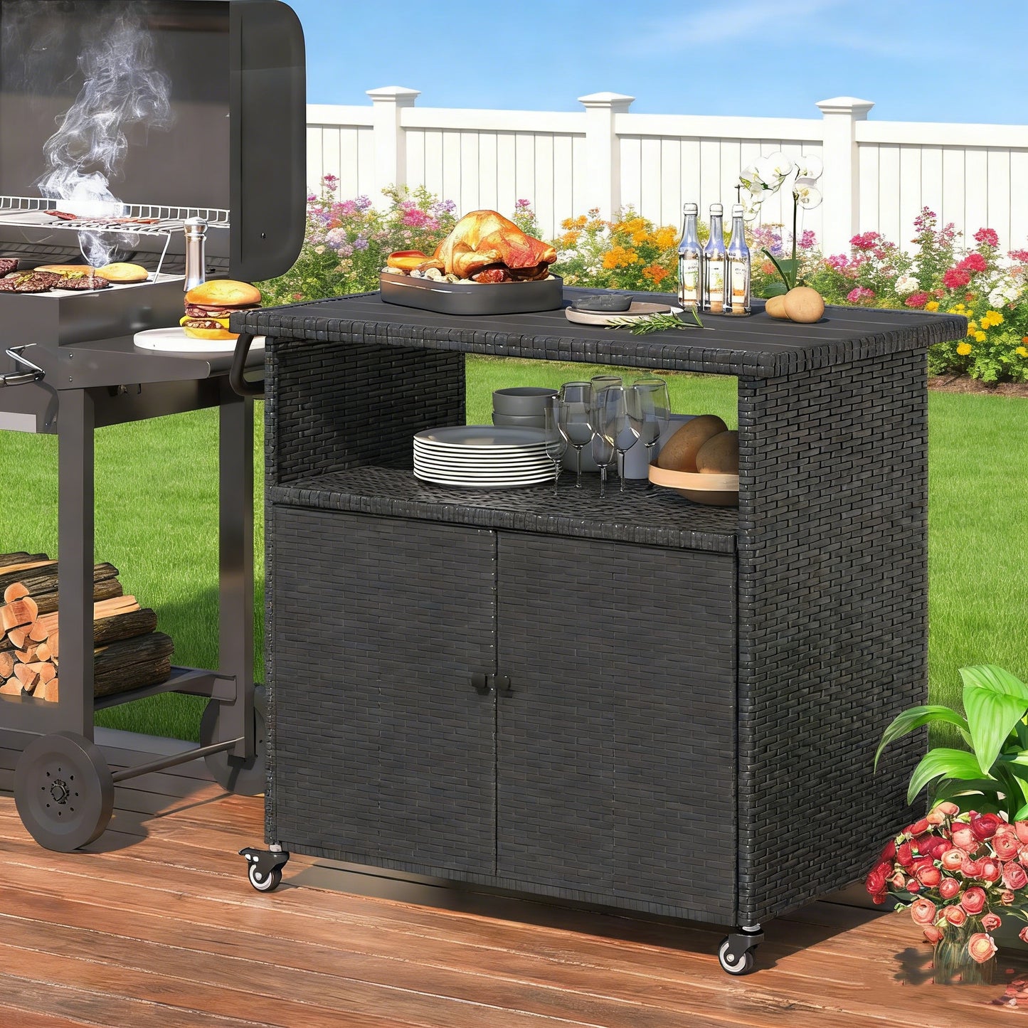 YODOLLA Outdoor Bar Cart, Patio Storage Grill Cart with Handles,Black