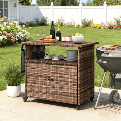 YODOLLA Outdoor Bar Cart, Patio Storage Grill Cart with Handles,Brown