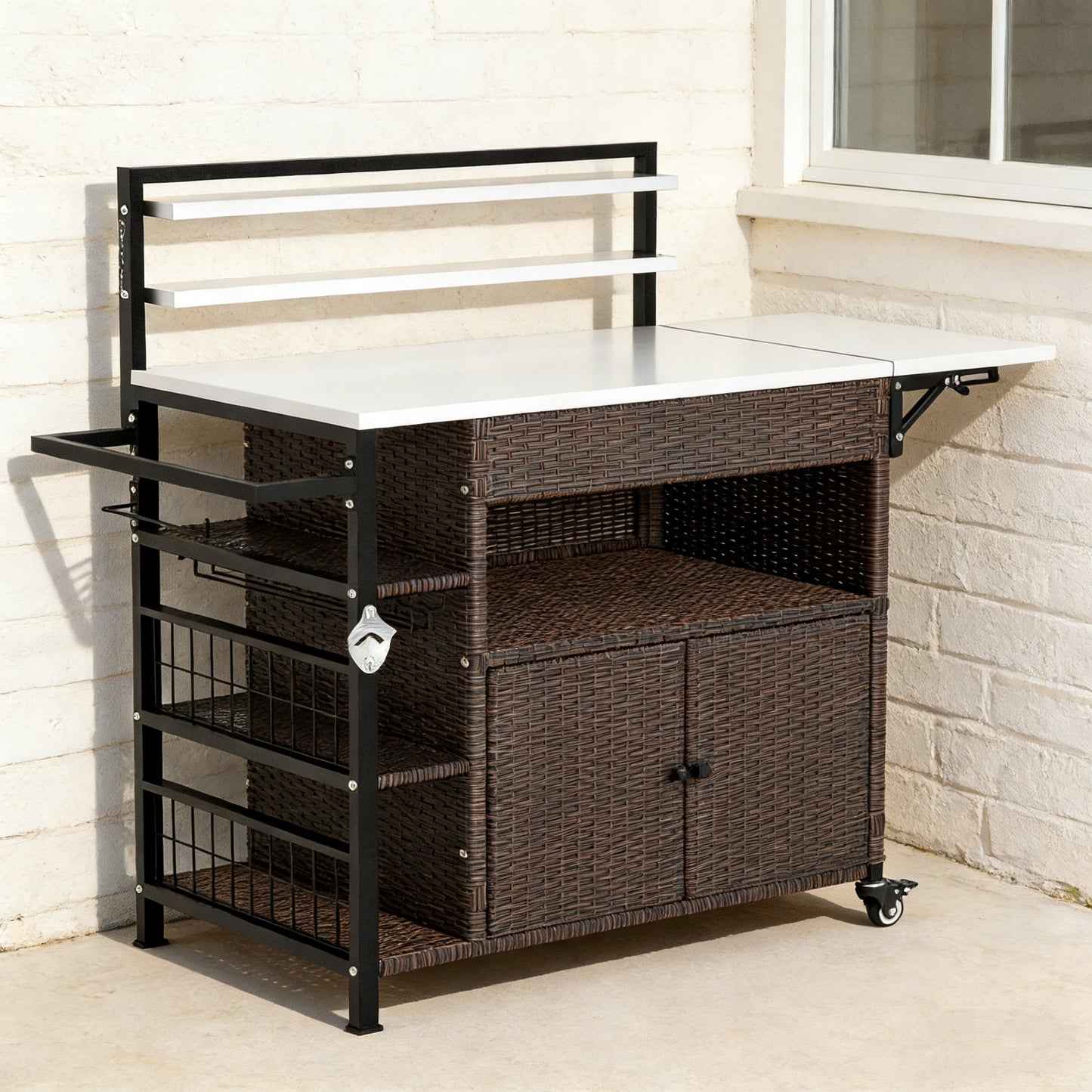 YODOLLA Outdoor Bar Cart with Rattan Storage Cabinet, Brown