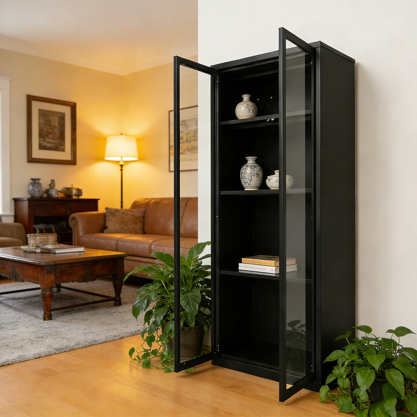 YODOLLA Display Cabinet with Acrylic Glass Doors and 3 Adjustable Shelves