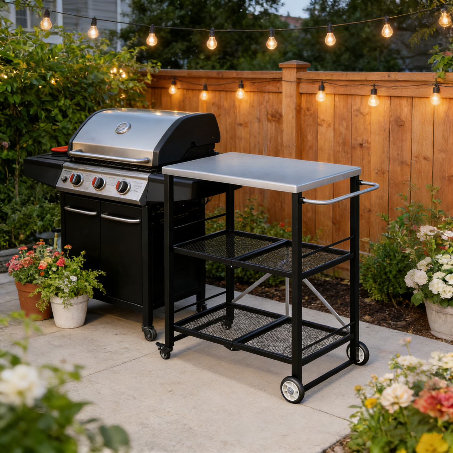 YODOLLA Foldable Stainless Steel Grill Cart Table with Wheels, Silver