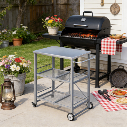 YODOLLA Foldable Stainless Steel Grill Cart Table with Wheels, Gray