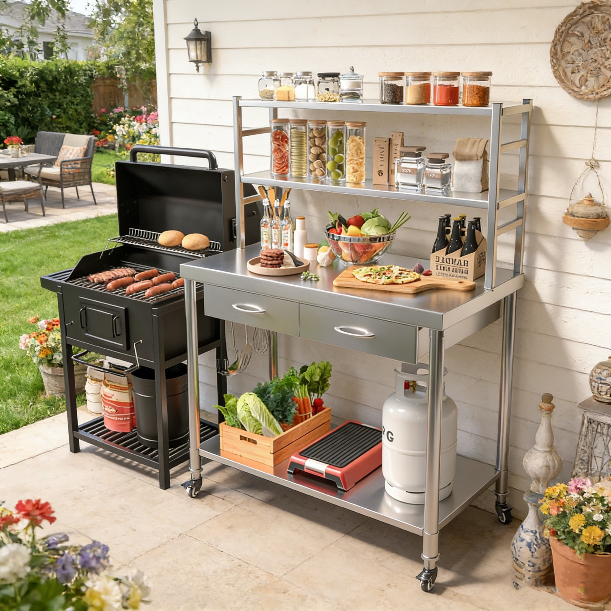 YODOLLA Stainless Steel Table with Shelves and Drawer 48
