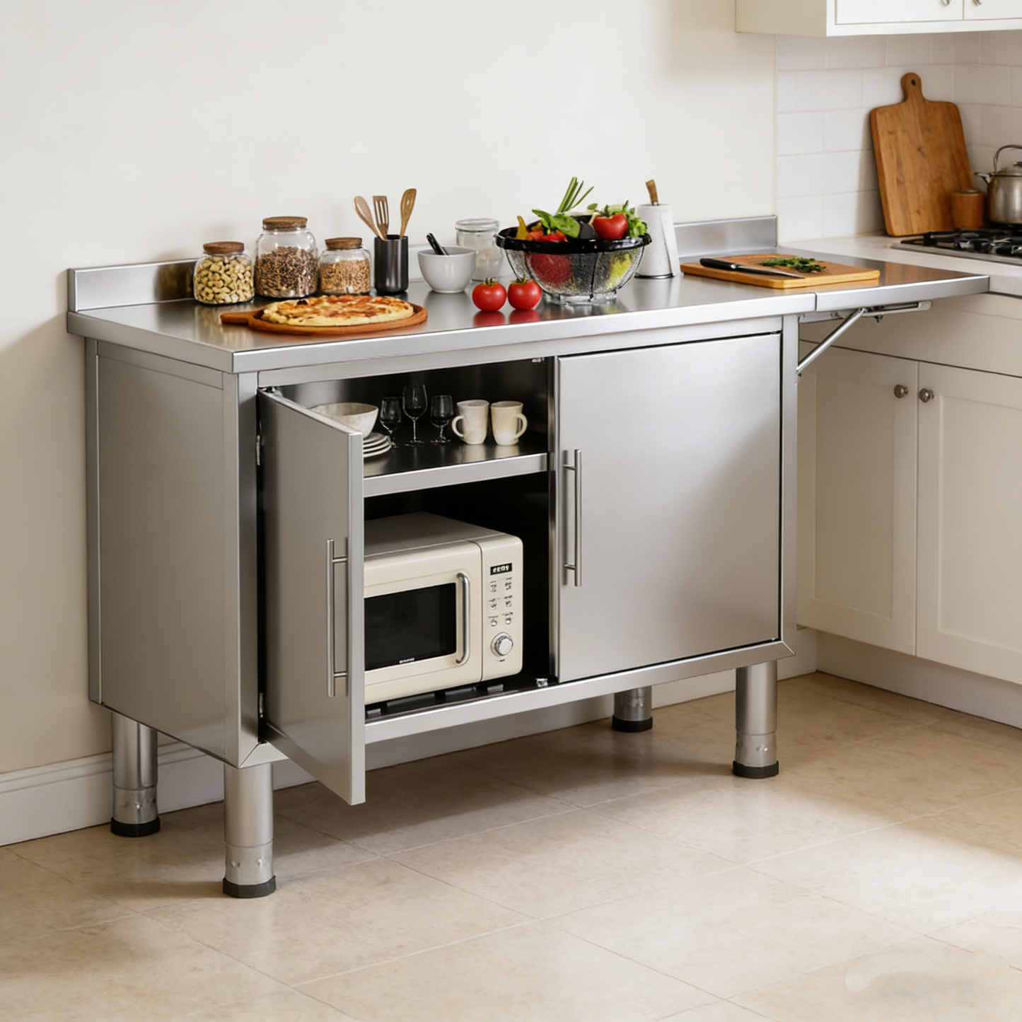 YODOLLA 57"x19.7" Stainless Steel Work Table Kitchen Cabinets with Extend Panel & Adjustable Shelf