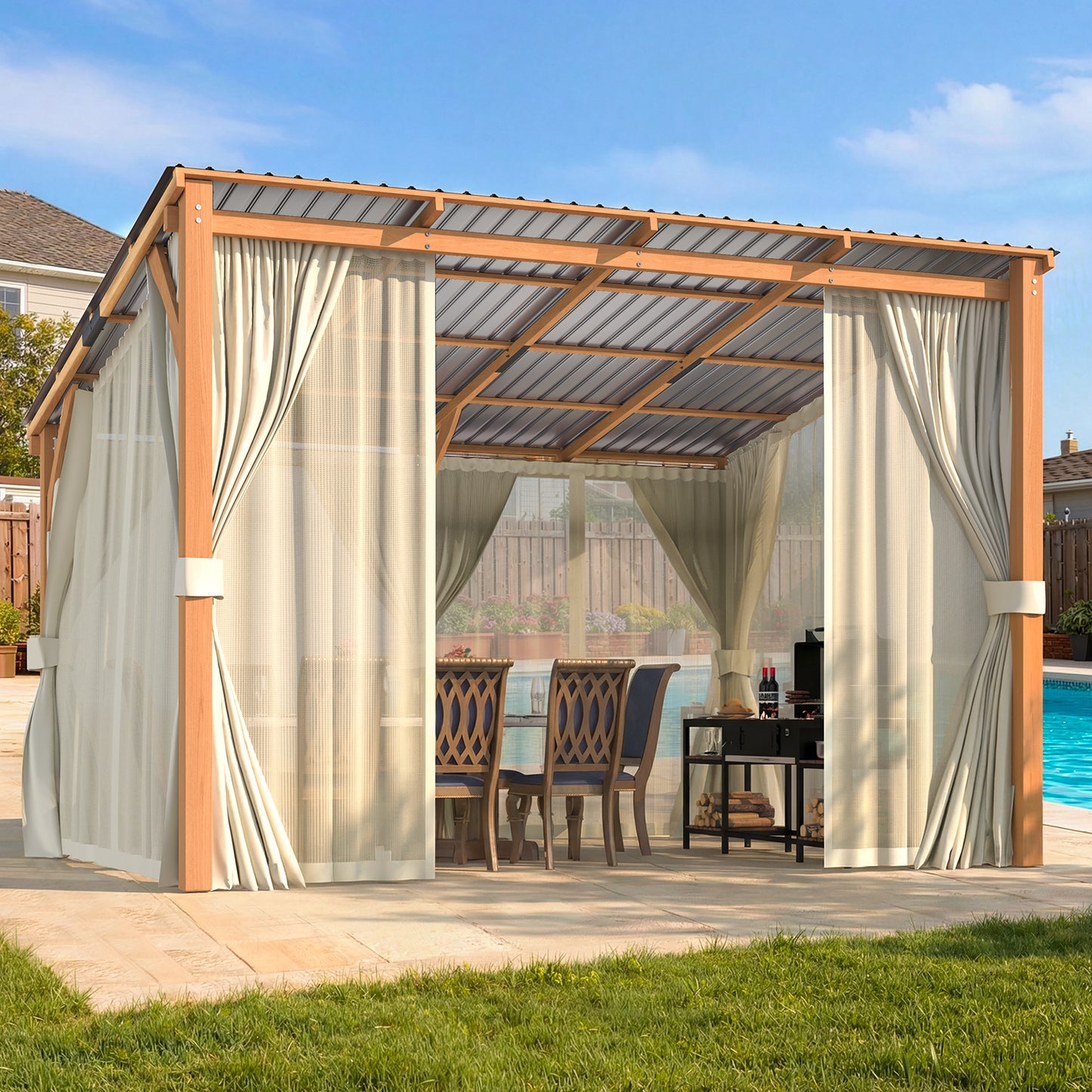YODOLLA 12x10 Outdoor Wooden Pergola Gazebo with Curtains and Netting for Patio