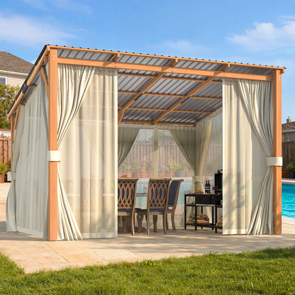YODOLLA 12x10 Outdoor Wooden Pergola Gazebo with Curtains and Netting for Patio