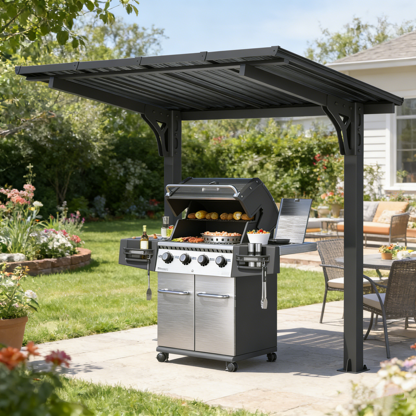 YODOLLA 8' x 5' Outdoor Lean to Grill Gazebo Hardtop Pergola Freestanding Pergolas