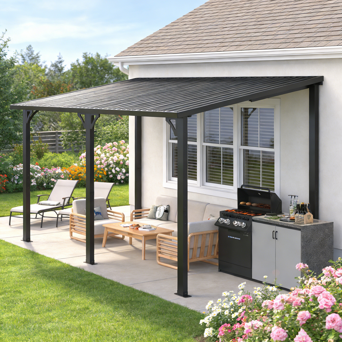 YODOLLA 14' x 8' Outdoor Hardtop Metal Gazebo Lean to Galvanized Steel Wall Mounted Pergolas