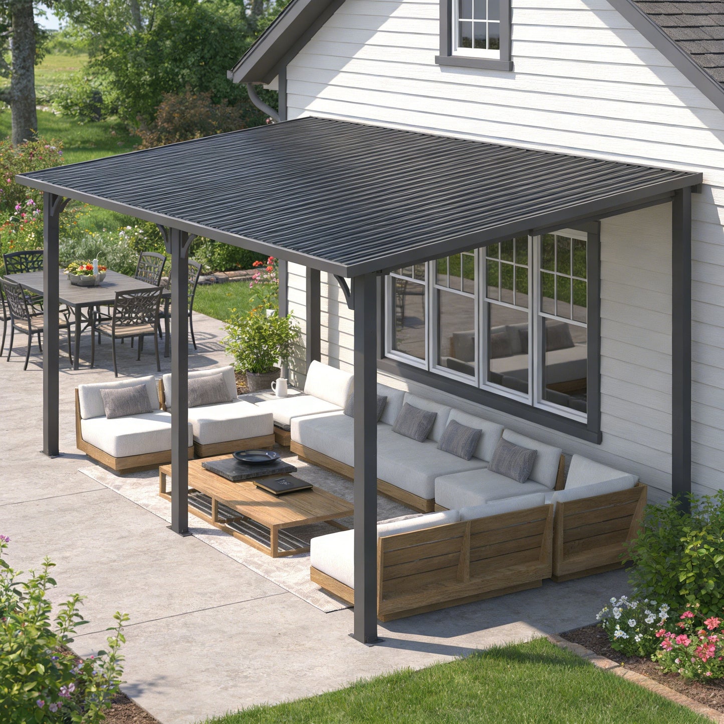 YODOLLA 16' x 8' Outdoor Hardtop Metal Gazebo Lean to Galvanized Steel Wall Mounted Pergolas