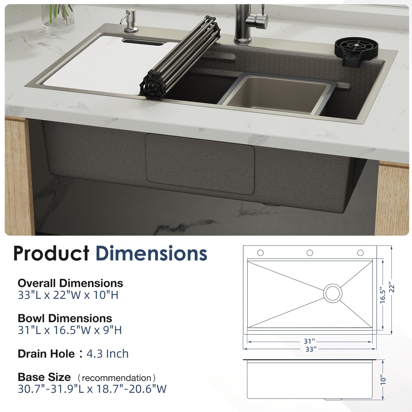 YODOLLA 33x22 In Drop-in/Topmount Kitchen Sink, Stainless Steel Workstation Sink