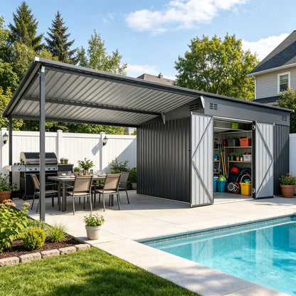 YODOLLA 20x8 FT Metal Outdoor Storage Shed with Pergola Hardtop Combo